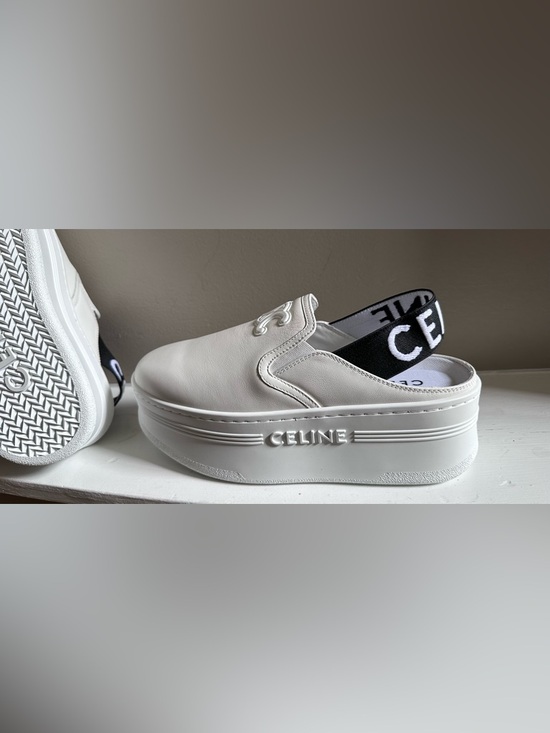 Celine White Leather Platform Slip-On with Black Logo Heel Strap